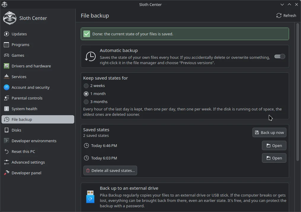 Sloth Center, File backup page: automatic hourly backup switched on, how long to keep saved states, two saved states from today and a Back up now button.