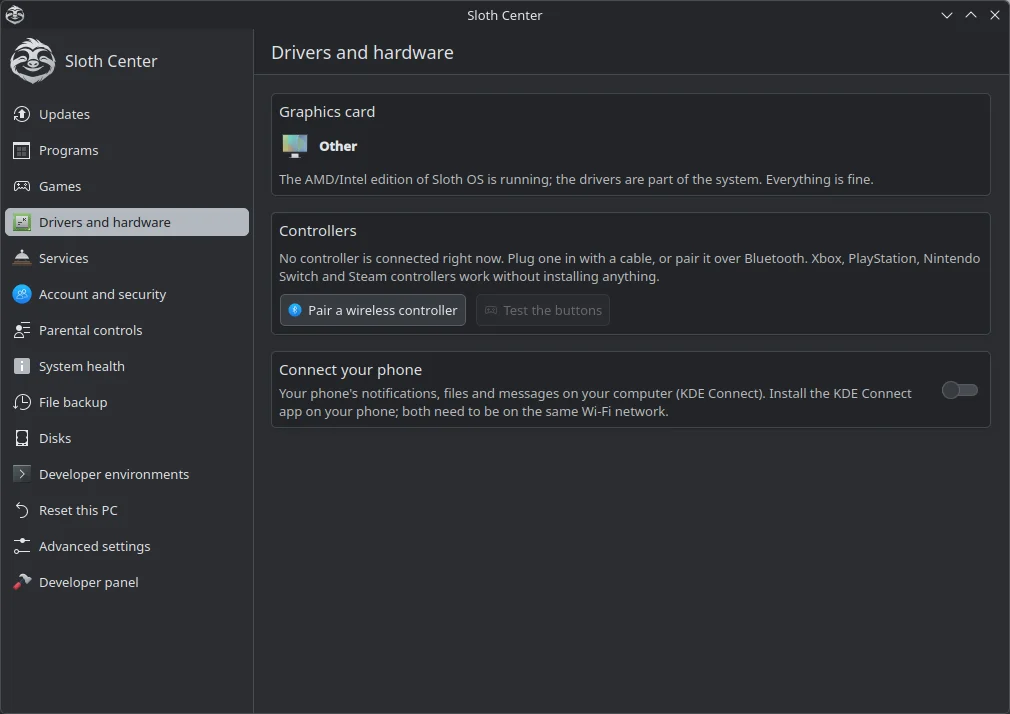 Sloth Center, Drivers and hardware page: graphics card status, game controller pairing, and connecting a phone with KDE Connect.