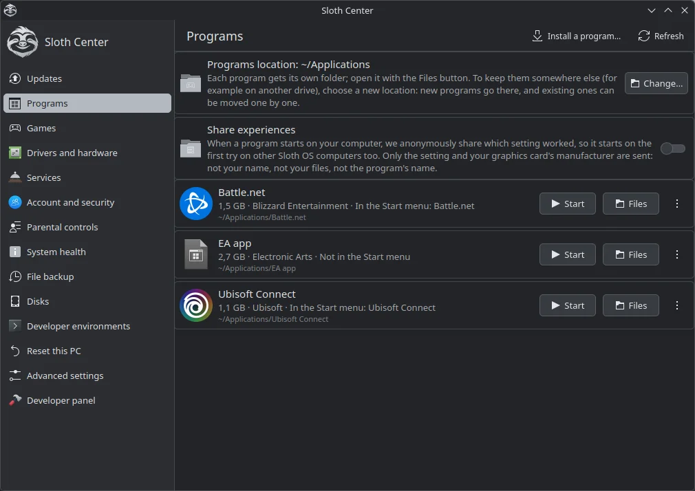 Sloth Center, Programs page: the programs folder in Applications, the Share experiences switch, and installed Windows programs Battle.net, EA app and Ubisoft Connect, each with Start and Files buttons.