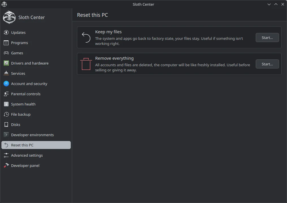 Sloth Center, Reset this PC page with two choices: Keep my files, or Remove everything.