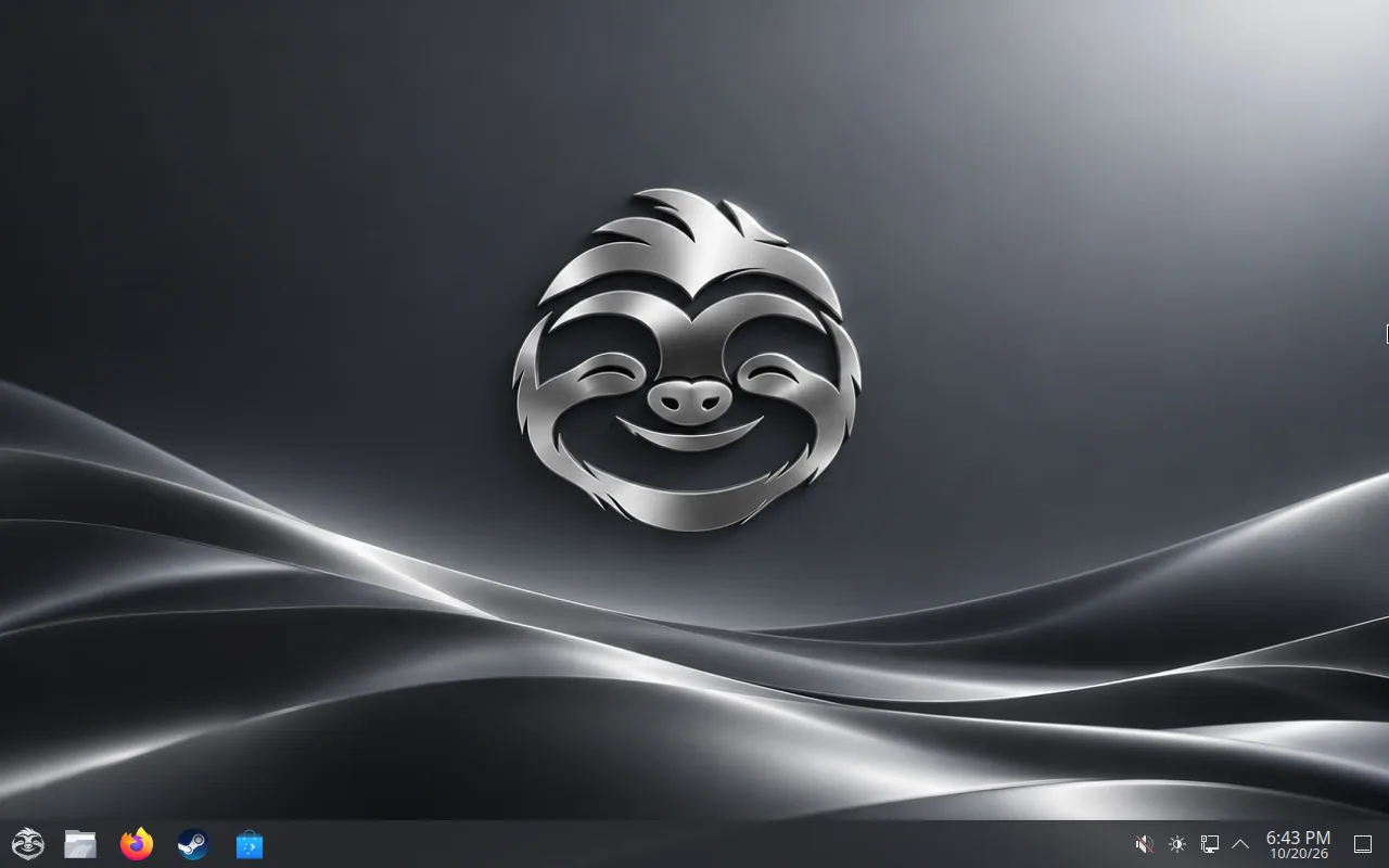 The Sloth OS desktop: a silver sloth logo on a graphite wallpaper, with a taskbar showing the start button, Files, Firefox, Steam and Discover.