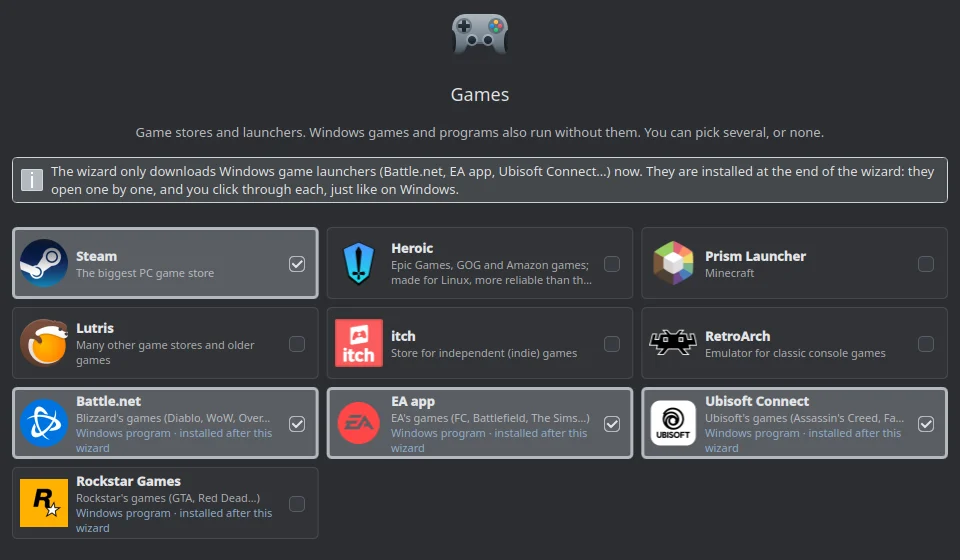 The Games step of the Welcome wizard: Steam, Heroic, Prism Launcher, Lutris, itch, RetroArch, Battle.net, EA app, Ubisoft Connect and Rockstar Games, with Steam and three Windows launchers selected.