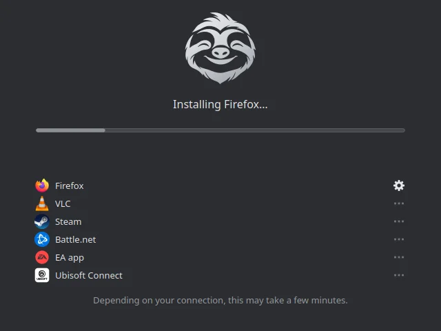 The Welcome wizard installing the chosen apps: Installing Firefox, a progress bar, and the list Firefox, VLC, Steam, Battle.net, EA app, Ubisoft Connect.