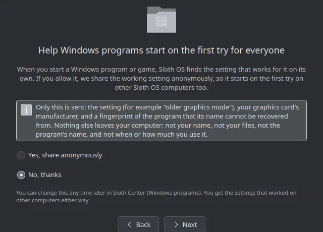 The sharing step of the Welcome wizard: Help Windows programs start on the first try for everyone, a box listing exactly what is sent, and the choices Yes, share anonymously or No, thanks.